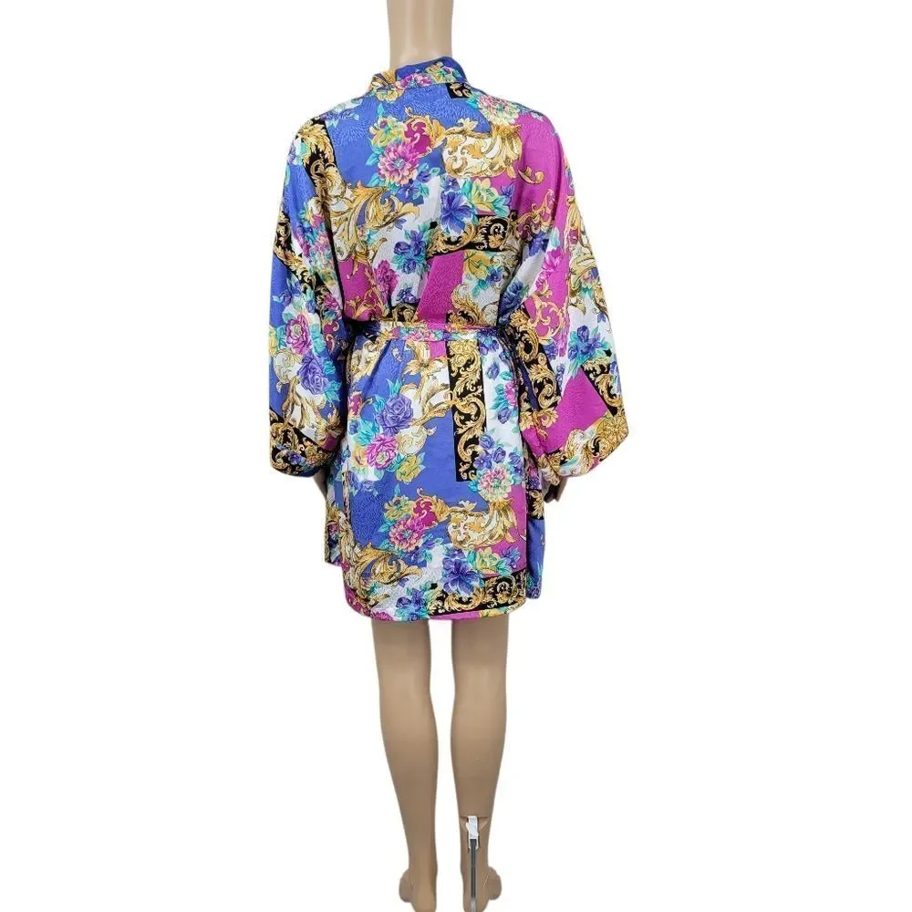 Vintage Satin Floral and Baroque Print Chemsie Slip Dress and Matching Robe Set
